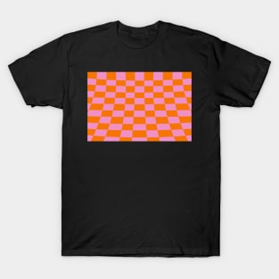 Warped perspective coloured checker board effect grid orange and pink T-Shirt